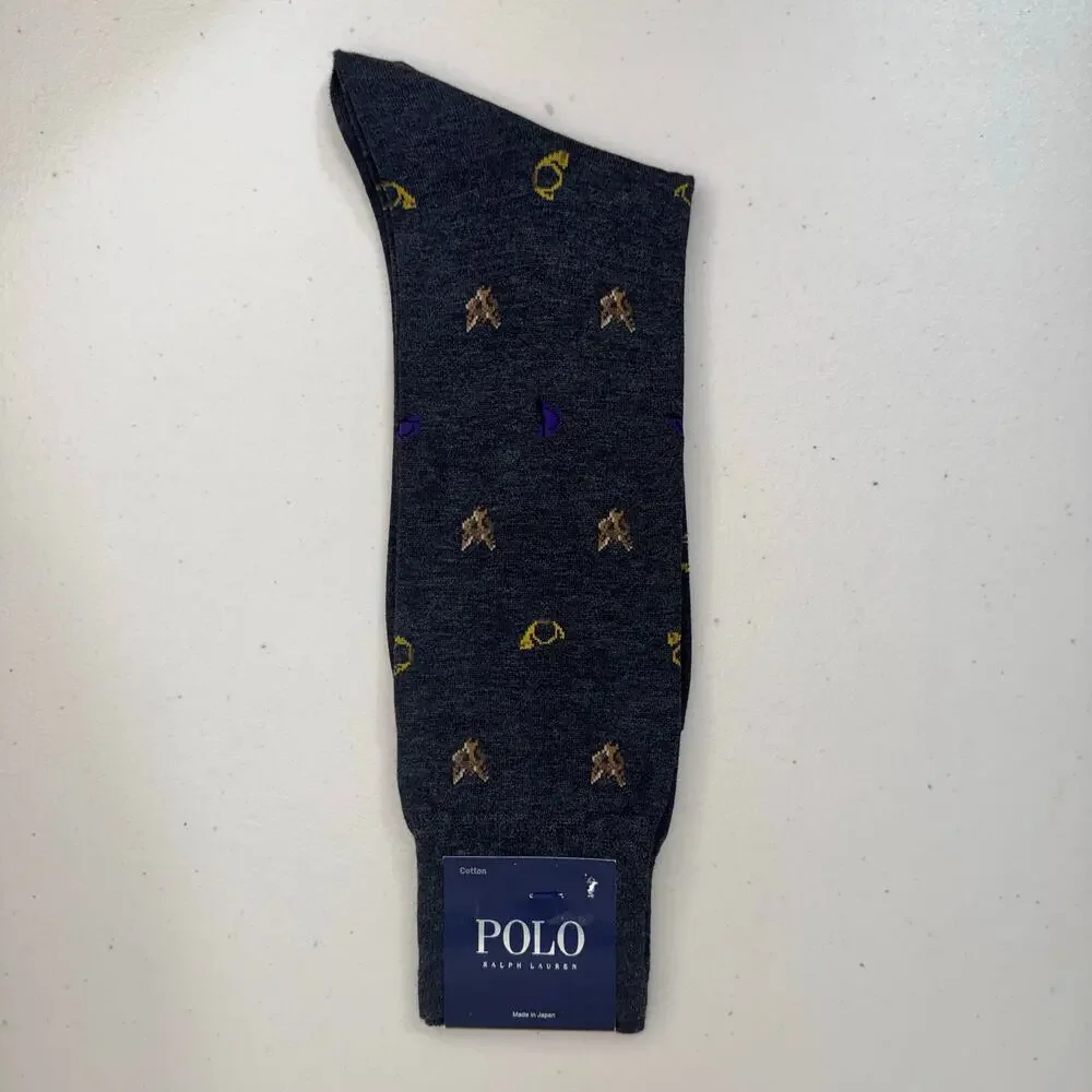 Polo Ralph Lauren Charcoal Gray Cotton Blend Dress Socks Fox Hunt Horn Print VTG